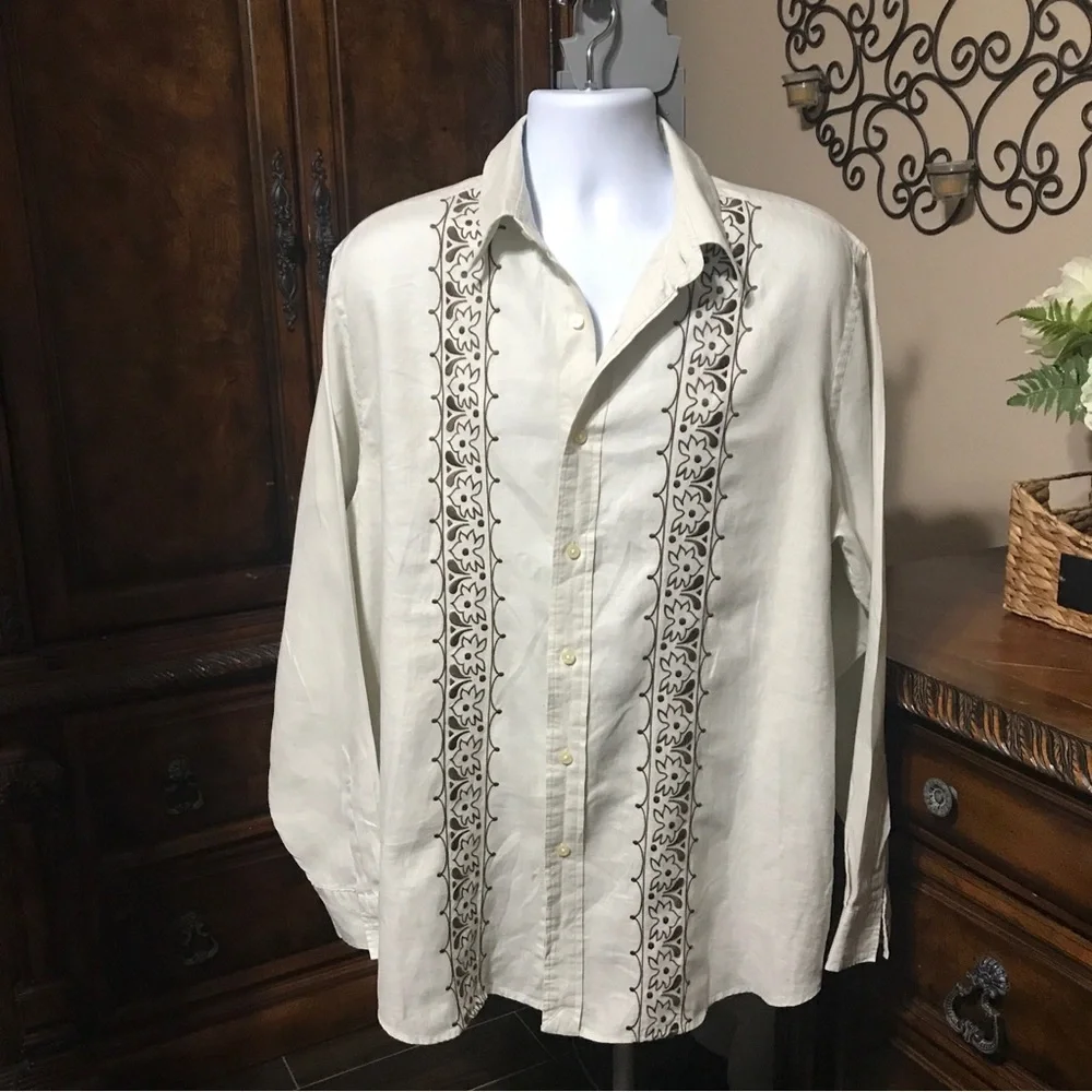 FineLINEN lucky Brand Cream and Brown Casual Button Down Shirt with Embroidery - Picture 1 of 6